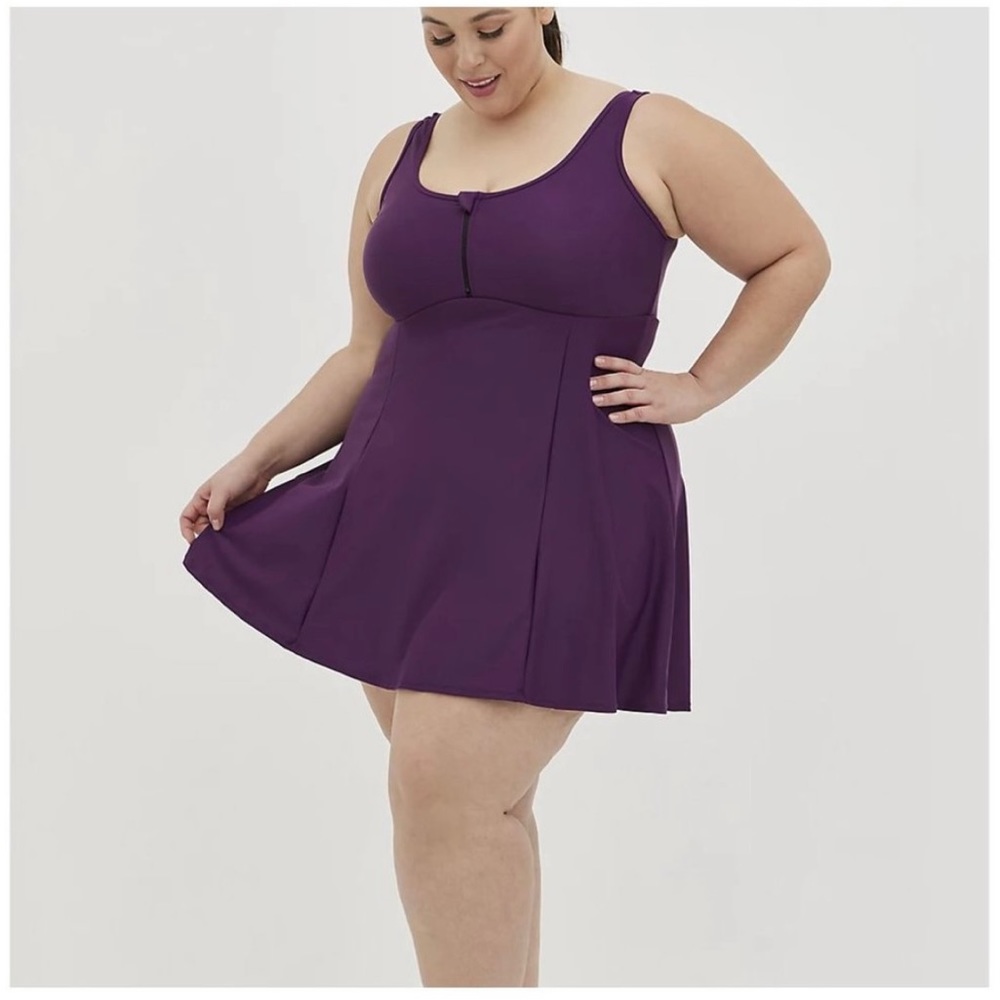 Torrid Active Plum Wireless Long Zip-Front Swim Dress With Short size 4